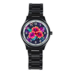 Neon Flowers Stainless Steel Round Watch by goljakoff