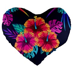 Neon Flowers Large 19  Premium Flano Heart Shape Cushions by goljakoff