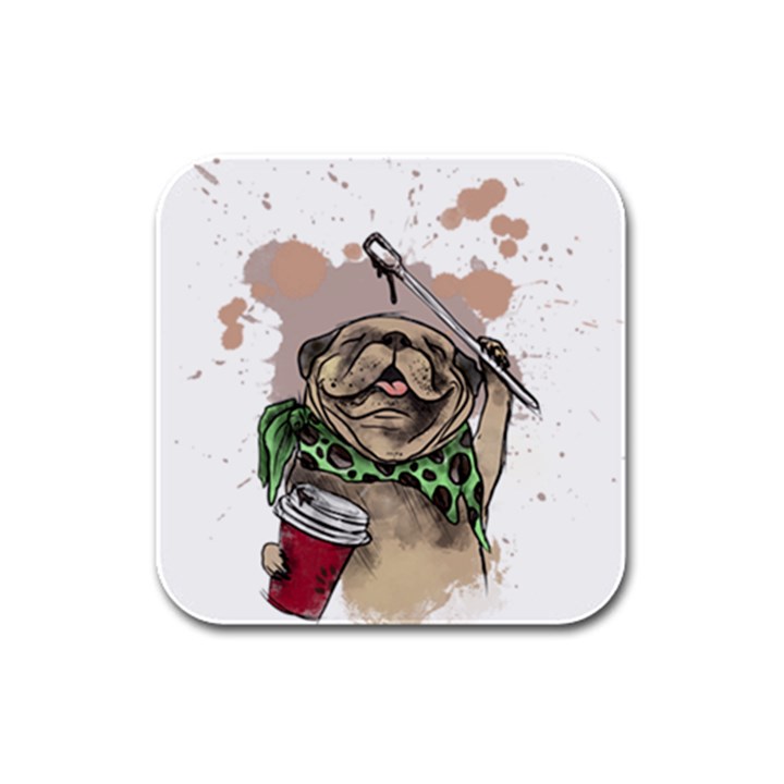 Pug Lover Coffee Rubber Square Coaster (4 pack) 