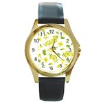 Yellow Flowers Round Gold Metal Watch Front