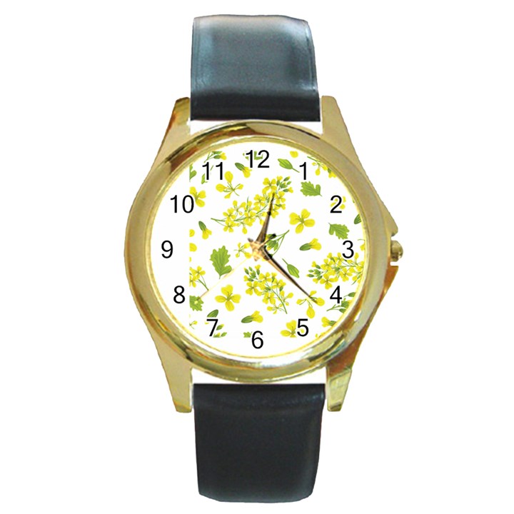 Yellow Flowers Round Gold Metal Watch