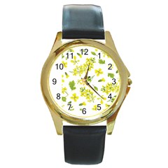 Yellow Flowers Round Gold Metal Watch by designsbymallika