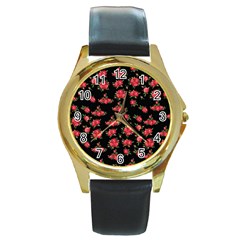 Red Roses Round Gold Metal Watch by designsbymallika