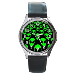 We Are Watching You! Aliens Pattern, Ufo, Faces Round Metal Watch by Casemiro