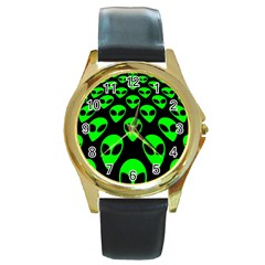 We Are Watching You! Aliens Pattern, Ufo, Faces Round Gold Metal Watch by Casemiro