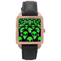 We Are Watching You! Aliens Pattern, Ufo, Faces Rose Gold Leather Watch 