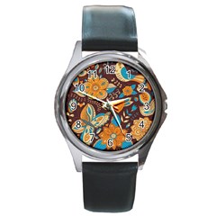 Butterfly And Flowers Round Metal Watch by goljakoff