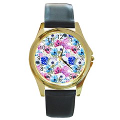 Purple Flowers Round Gold Metal Watch by goljakoff