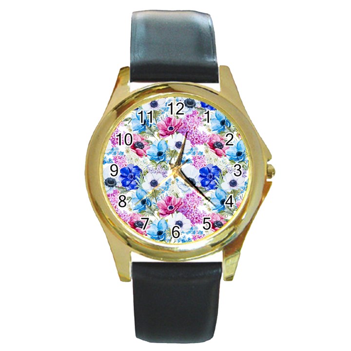 Purple flowers Round Gold Metal Watch