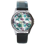 Tropical flowers pattern Round Metal Watch Front