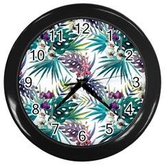 Tropical Flowers Pattern Wall Clock (black) by goljakoff