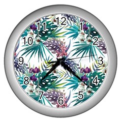 Tropical Flowers Pattern Wall Clock (silver) by goljakoff