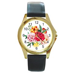 Garden Flowers Round Gold Metal Watch by goljakoff