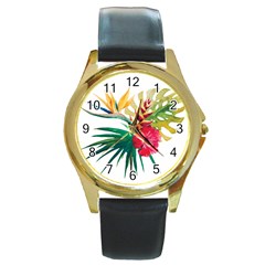 Tropical Flowers Round Gold Metal Watch by goljakoff