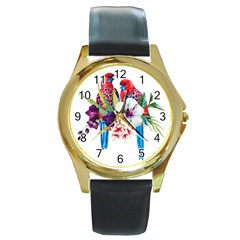 Tropical Parrots Round Gold Metal Watch by goljakoff