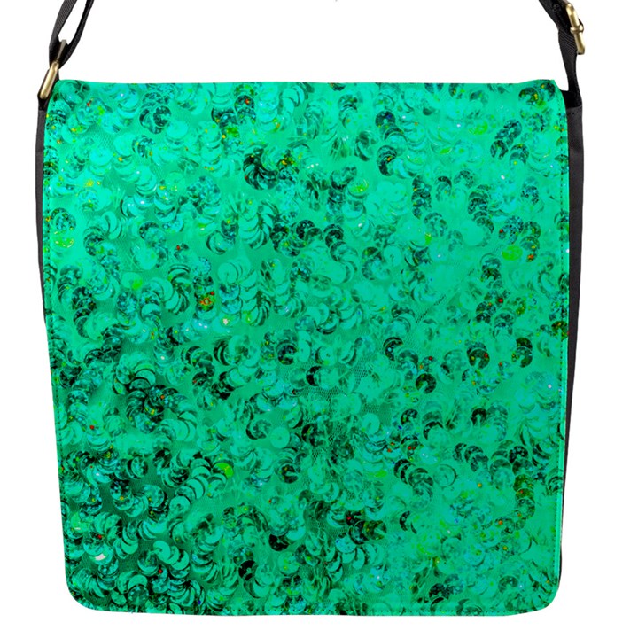 Aqua Marine Glittery Sequins Flap Closure Messenger Bag (S)