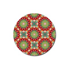 Red Green Floral Pattern Rubber Coaster (round) 