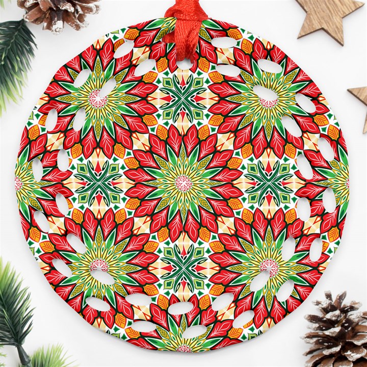 Red Green Floral Pattern Round Filigree Ornament (Two Sides)