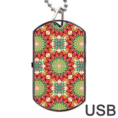 Red Green Floral Pattern Dog Tag Usb Flash (two Sides) by designsbymallika