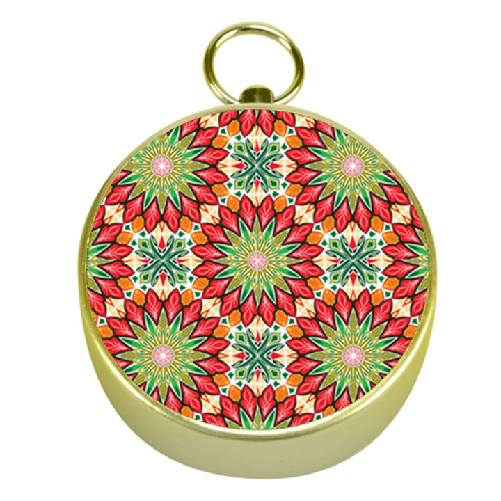 Red Green Floral Pattern Gold Compasses