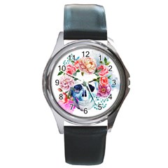 Skull And Flowers Round Metal Watch by goljakoff