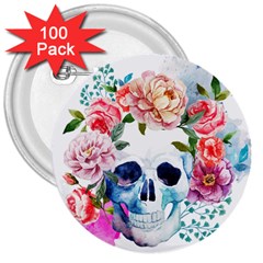 Skull And Flowers 3  Buttons (100 Pack)  by goljakoff