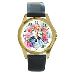 Skull And Flowers Round Gold Metal Watch by goljakoff