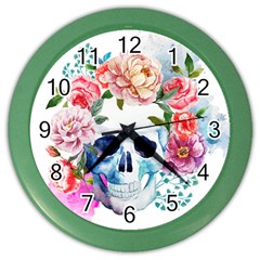 Skull And Flowers Color Wall Clock by goljakoff