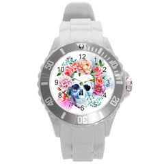 Skull And Flowers Round Plastic Sport Watch (l) by goljakoff