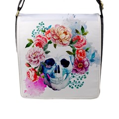 Skull And Flowers Flap Closure Messenger Bag (l) by goljakoff