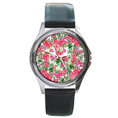 Pink Flowers Round Metal Watch by goljakoff