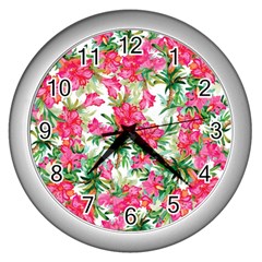 Pink Flowers Wall Clock (silver) by goljakoff