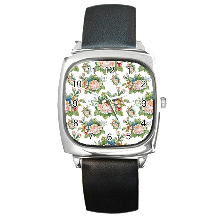 Vintage flowers pattern Square Metal Watch