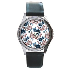 Blue And Rose Flowers Round Metal Watch by goljakoff