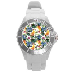 Flowers Pattern Round Plastic Sport Watch (l) by goljakoff