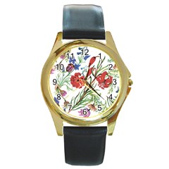 Summer Flowers Round Gold Metal Watch by goljakoff