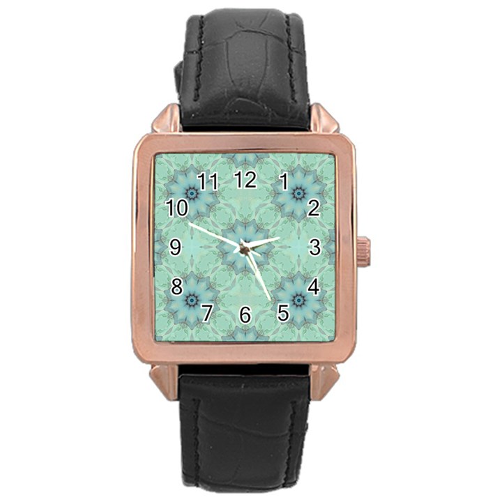 Mint floral pattern Rose Gold Leather Watch 