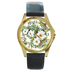 White Flowers Round Gold Metal Watch by goljakoff