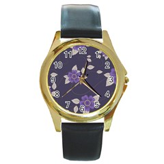 Purple Flowers Round Gold Metal Watch by goljakoff