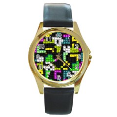 Drawn Squares                                                     Round Gold Metal Watch by LalyLauraFLM