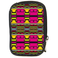 Pink Yellow Green Shapes                                                       Compact Camera Leather Case by LalyLauraFLM