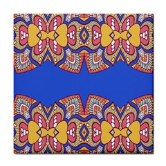 Yellow Red Shapes On A Blue Background                                                          Tile Coaster by LalyLauraFLM