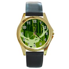 Forest Deer Tree Green Nature Round Gold Metal Watch