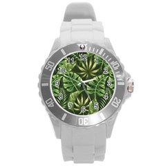 Green Leaves Round Plastic Sport Watch (l) by goljakoff