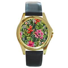 Tropical Flowers Round Gold Metal Watch by goljakoff