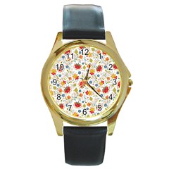 Red Yellow Flower Pattern Round Gold Metal Watch by designsbymallika