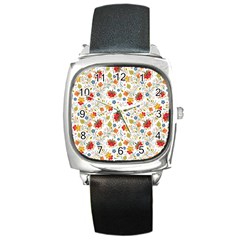 Red Yellow Flower Pattern Square Metal Watch by designsbymallika