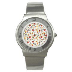 Red Yellow Flower Pattern Stainless Steel Watch by designsbymallika