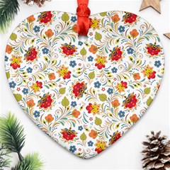 Red Yellow Flower Pattern Heart Ornament (two Sides) by designsbymallika