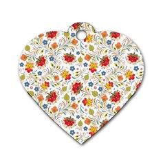 Red Yellow Flower Pattern Dog Tag Heart (two Sides) by designsbymallika